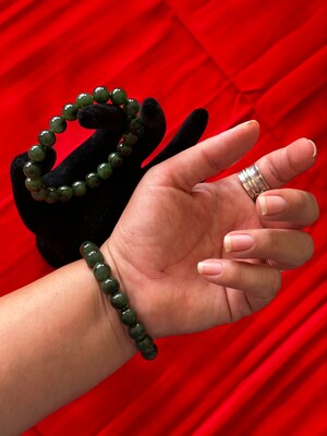 Dark Green Jade Bead Bracelet, 10mm Gemstone Beads, Good Luck Bracelet - image3